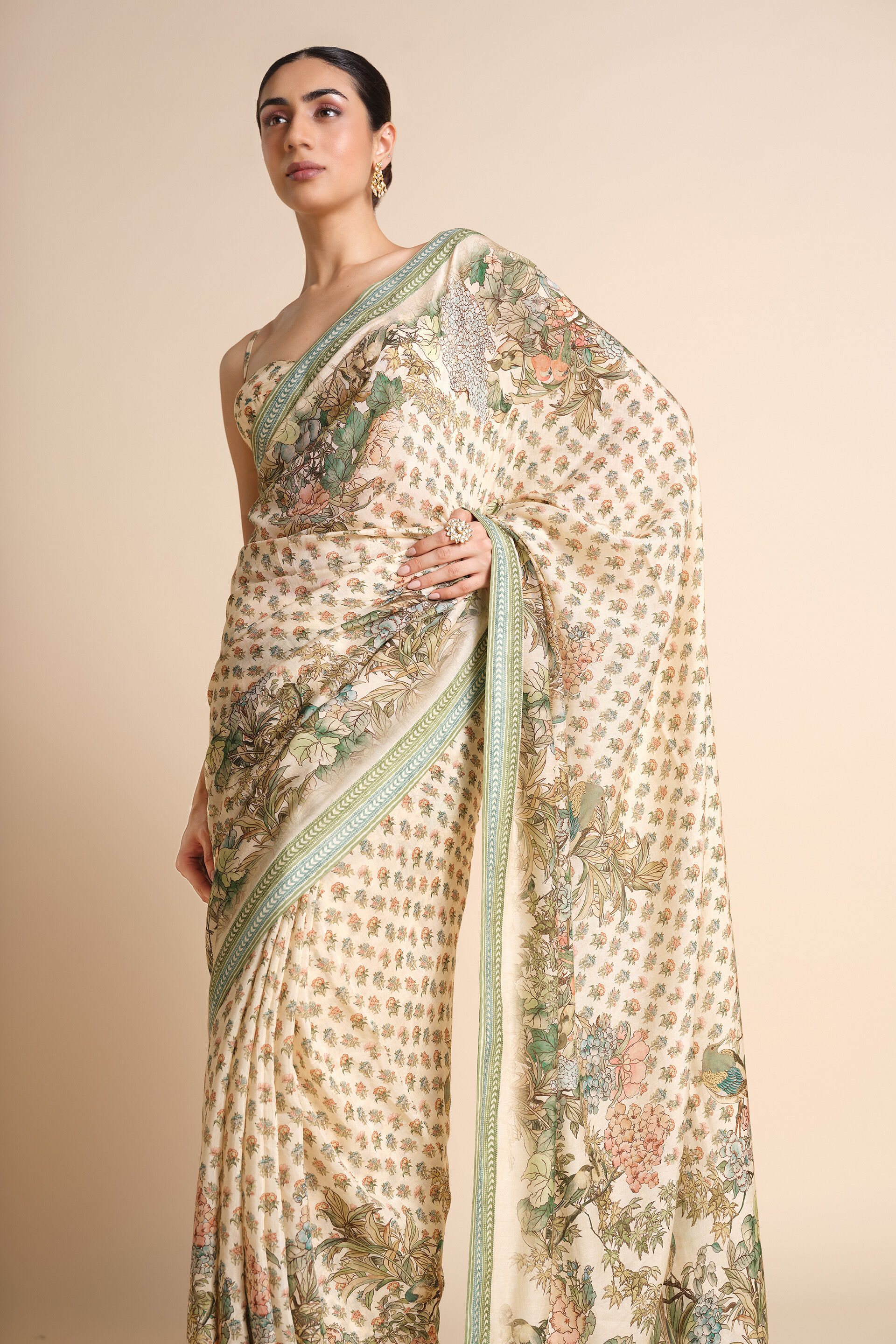 Liana Printed Silk Saree - Ivory, Ivory, image 4